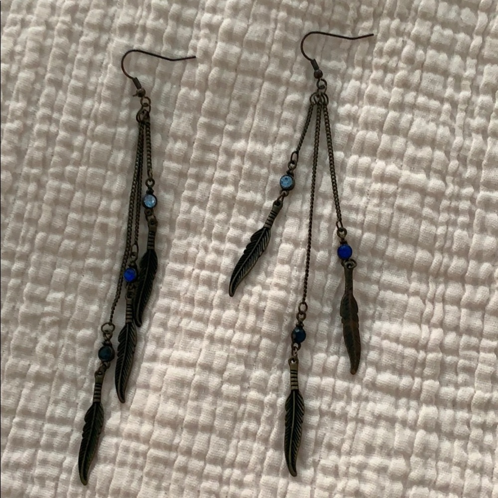 Metal feather long earrings - boho chic